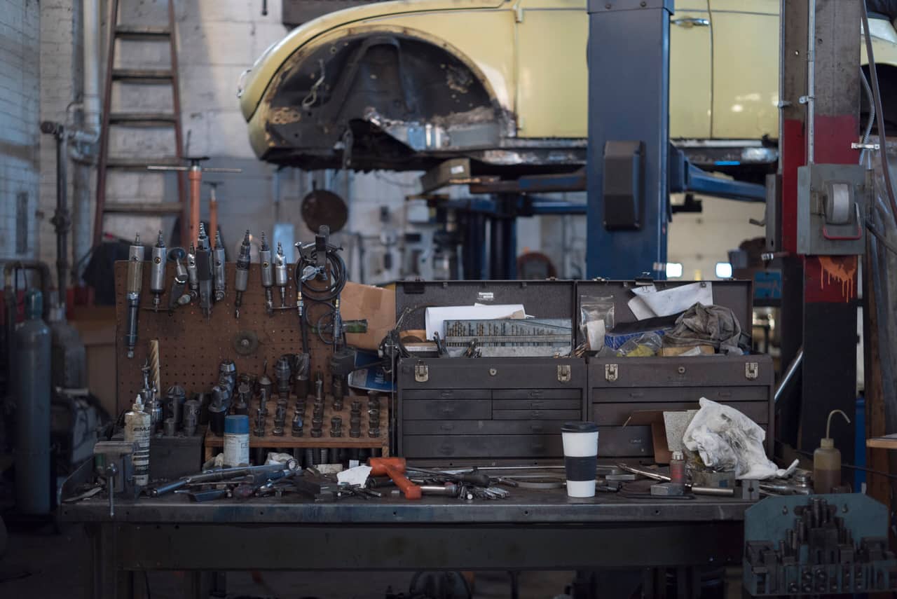 A mechanic's workbench in an auto workshop